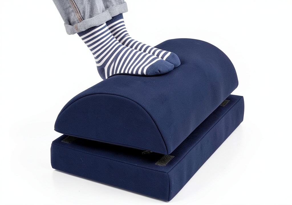 StepLively foot rest in use under a desk with adjustable layers