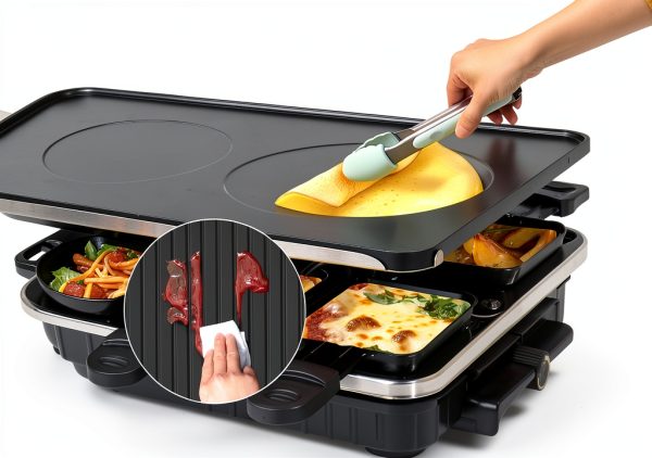Raclette Grill TONZE 2-in-1 Griddle with 8 Cheese Pans, Smokeless-3