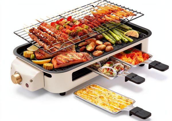 Electric Indoor Grill Pukomc 2-in-1 Temp Control, Plate, Beige-0